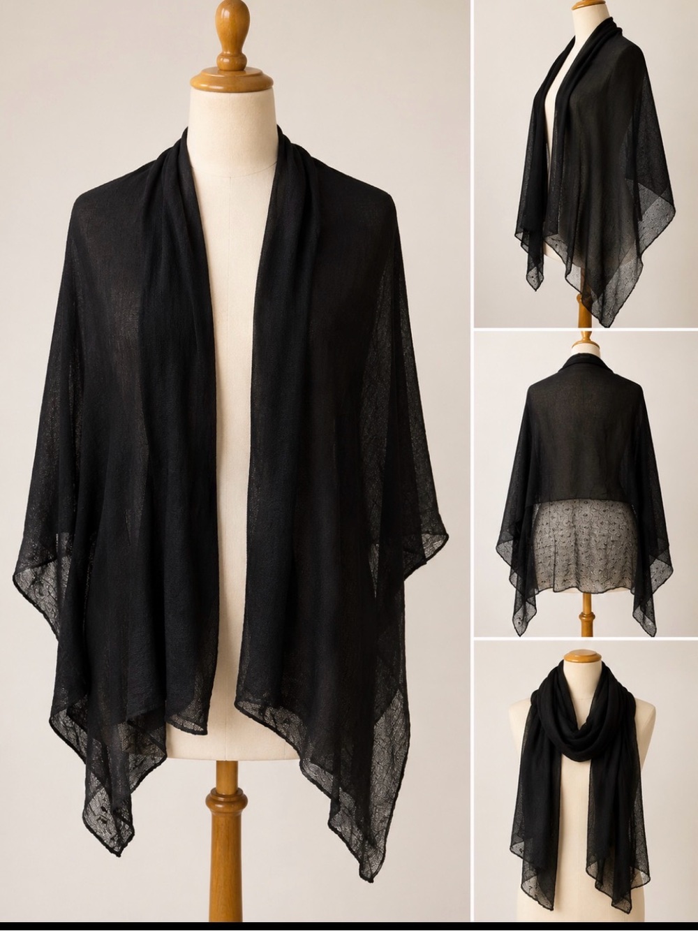 Lightweight Black Sheer Wrap Scarf - lace edged